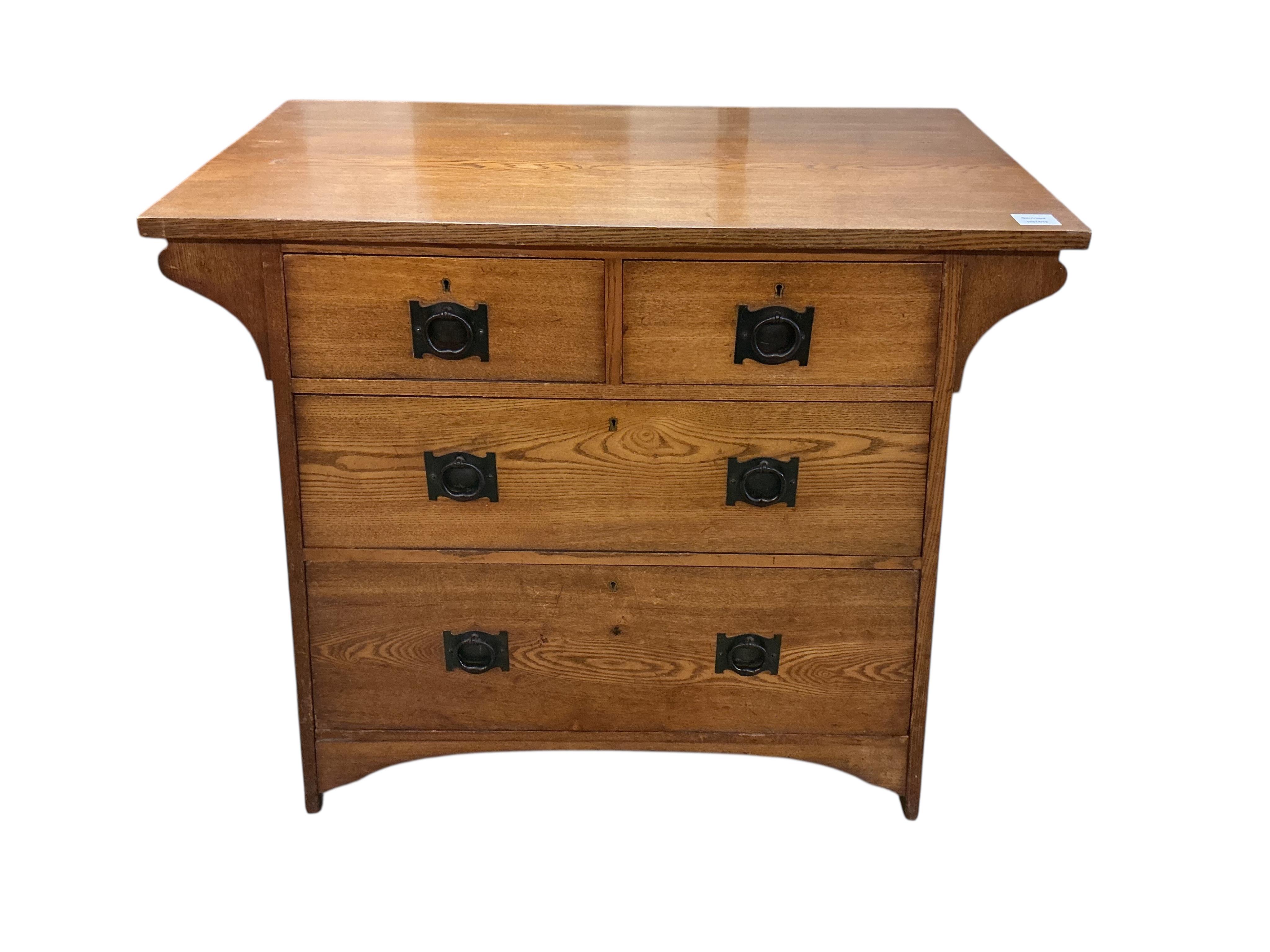 A Liberty style Arts & Crafts oak chest of four drawers, width 91cm, depth 52cm, height 84cm